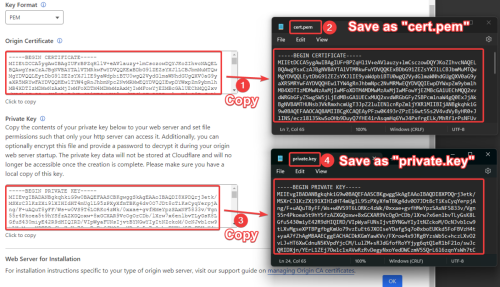 cloudflare create certificate 3 copy and save pem
