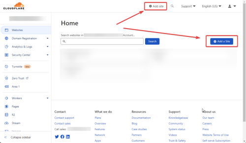 cloudflare home add site button