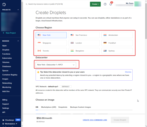 digital ocean create droplet step 1