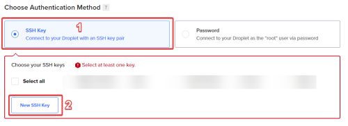 digital ocean create droplet step 4a authentication method