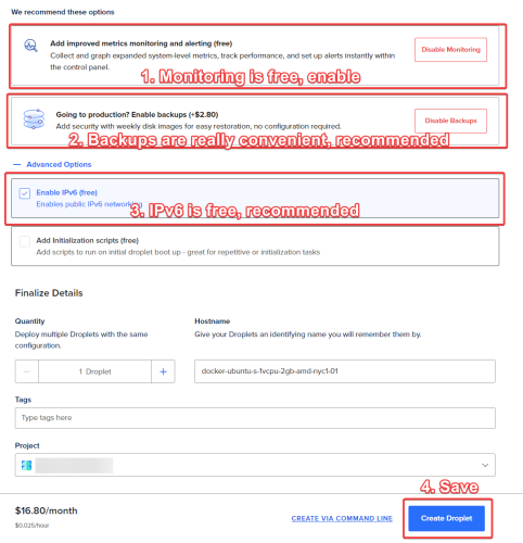 digital ocean create droplet step 5 backups ipv6 save
